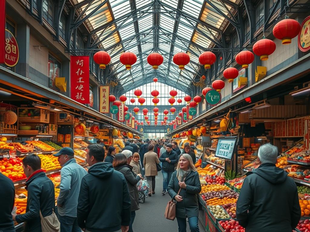 A vibrant and bustling scene at the Dong Xuan Center, a captivating Asian market in Berlin. Shoppers browse colorful stalls, examining an array of exotic fruits, spices, and handcrafted goods. The foreground is alive with activity, as vendors enthusiastically showcase their wares. In the middle ground, shoppers navigate the crowded aisles, immersed in the lively atmosphere. The background reveals the iconic architecture of the center, with its striking steel-framed canopy providing shade and shelter. Shot on a Sony A7R IV with a polarizer filter, the image is sharply defined, hyperrealistic, and conveys the energetic, immersive experience of exploring this unique cultural hub.