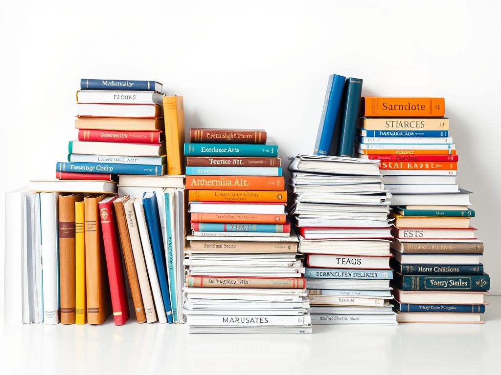 A neatly organized array of hardcover textbooks, exercise workbooks, and teaching materials displayed against a plain white background. The books cover a diverse range of subjects such as mathematics, language arts, science, and social studies, symbolizing the breadth of knowledge required for a career as a teacher. The lighting is soft and diffused, creating an atmosphere of professionalism and education. The composition is balanced and symmetrical, drawing the viewer's eye to the central focal point of the teaching resources. The image conveys a sense of preparedness and dedication, reflecting the commitment needed for a career change into the teaching profession.