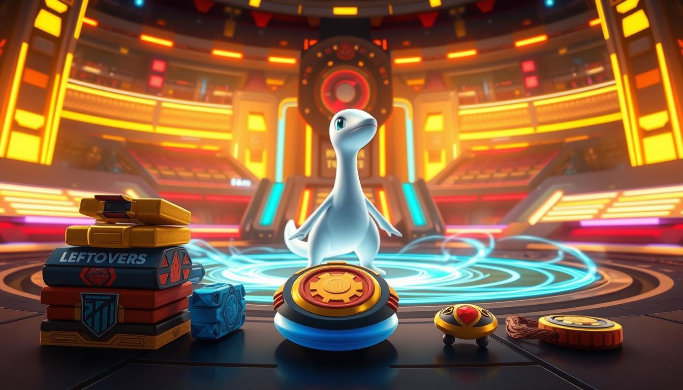 A meticulously crafted arena showcasing various Pokémon Unite defender item build strategies. In the foreground, a stack of vibrant defensive items such as Leftovers, Rocky Helmet, and Score Shield, meticulously arranged. In the middle ground, a dynamic Lapras character model, poised and ready for battle, surrounded by swirling energy fields. The background depicts a futuristic Pokémon battle arena, with glowing neon-lit platforms and a vibrant, energetic atmosphere. Warm lighting casts a soft glow, and the composition is expertly balanced, highlighting the strategic nature of the defender item build. The overall scene conveys a sense of tactical depth and the importance of thoughtful item selection for Lapras in Pokémon Unite.