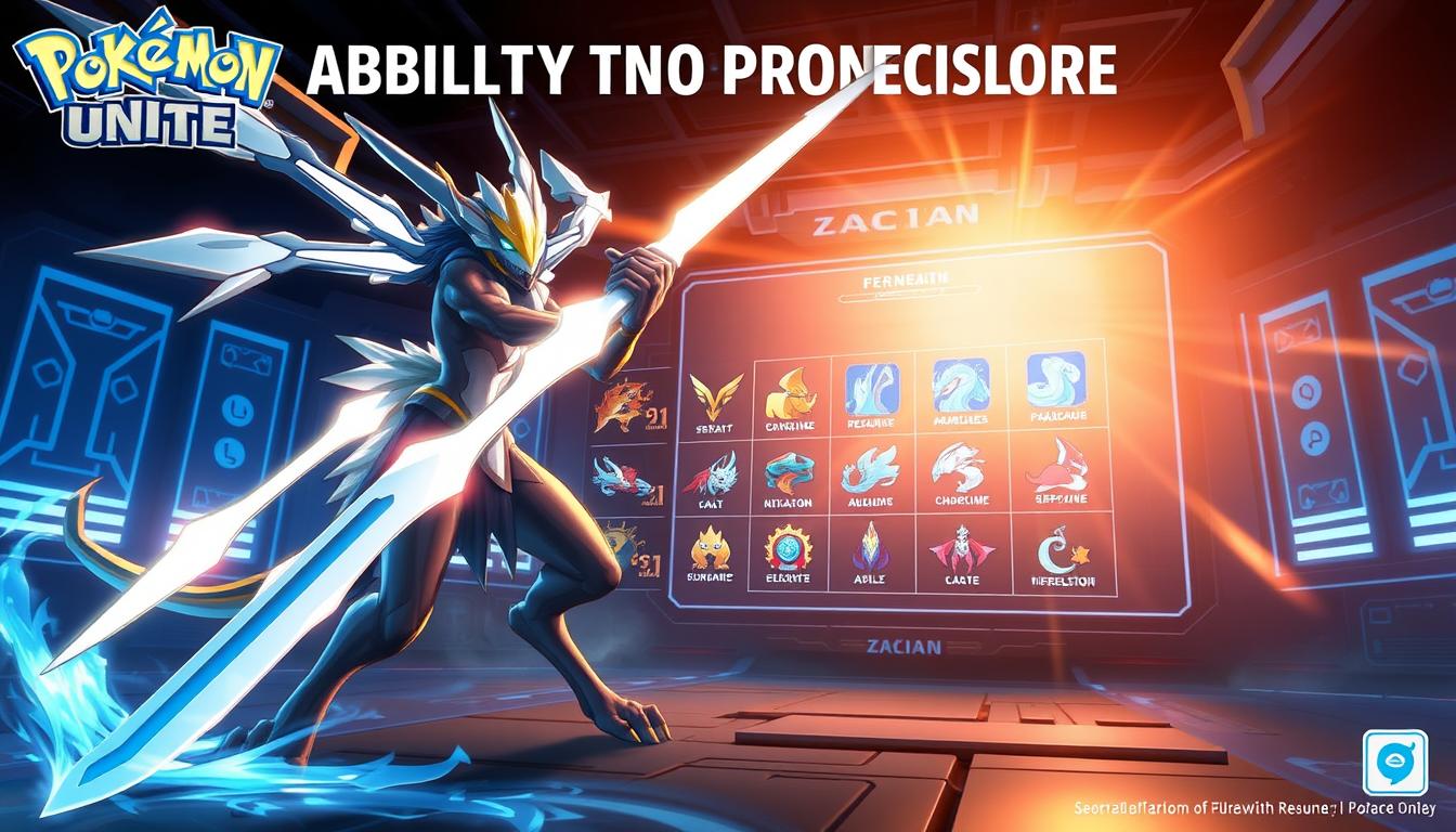 A stunning digital painting showcasing an "Ability Progression Guide" for the Pokemon Unite game. The foreground features Zacian, the Legendary Pokemon, in a powerful, dynamic pose, its majestic sword-like appendages radiating with energy. In the middle ground, a grid-like interface displays various ability icons and progression levels, illustrating the strategic choices available to players. The background depicts a futuristic, high-tech environment with glowing panels and holographic elements, evoking the advanced nature of the Pokemon Unite universe. The lighting is dramatic, with warm hues casting an empowering glow, and the overall composition is balanced and visually striking, conveying the importance of ability progression in this competitive online battle arena game.