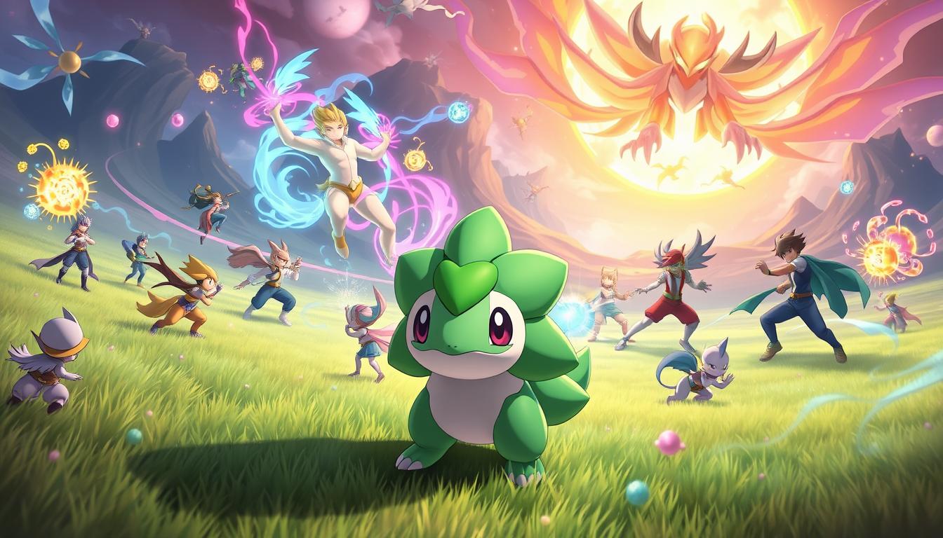 A vast, vibrant battlefield where Pokémon Unite heroes engage in a strategic dance. In the foreground, an Eldegoss Pokémon, its lush green foliage and gentle features radiating a soothing presence. Surrounding it, teammates locked in intense combat, their movements fluid and coordinated. The middle ground showcases the Eldegoss' support abilities, healing orbs and spores enveloping allies, empowering them. In the background, a dynamic landscape of clashing elemental forces, a vivid display of the Pokémon's unique abilities. Warm, diffused lighting casts a tranquil glow, while the camera angle captures the Eldegoss' role as the team's stalwart healer, guiding its allies to victory.
