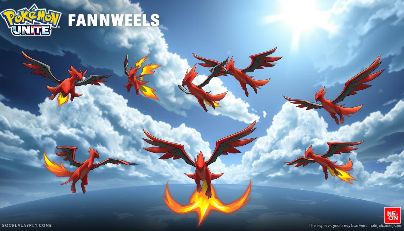 A detailed comparison of aerial combat movesets from the Pokemon Unite game, featuring the Talonflame character. The foreground showcases Talonflame executing various attack poses, such as mid-air strikes, dive-bombs, and agile evasive maneuvers. The middle ground depicts Talonflame's range of mobility, utilizing its wings to execute quick bursts of speed and tight turns. The background consists of a dramatic, cinematic sky with dramatic lighting and cloud formations, conveying the dynamic nature of aerial combat. The overall scene aims to capture the technical precision and visual spectacle of Talonflame's moveset in an intense, action-packed manner.
