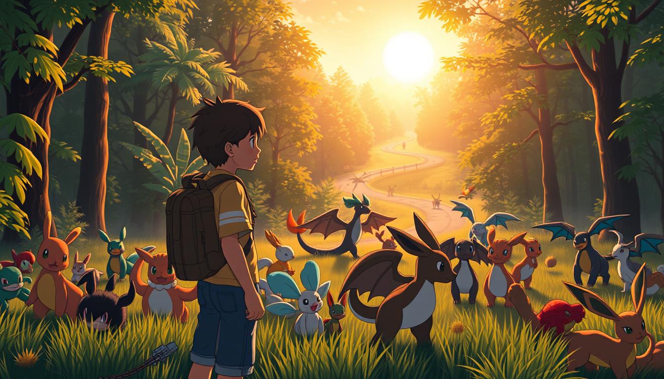A lush forest landscape at dawn, the morning sun casting a warm glow over a young Pokemon trainer engrossed in their strategy as they survey a battlefield of pocket monsters. In the foreground, the trainer stands with a focused expression, surrounded by their trusted companions ready to engage in fierce combat. In the middle ground, wild Pokemon roam and interact, offering opportunities for strategic encounters. The background features a winding path leading deeper into the forest, hinting at the adventures that await as the trainer progresses through the early stages of their journey. The scene evokes a sense of determination, exploration, and the thrill of leveling up in this dynamic Pokemon world.