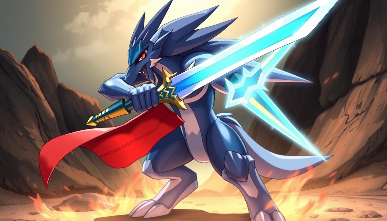 A meticulously detailed illustration of Zacian, the Legendary Pokémon, wielding its sacred sword in a strategic combat stance. The sword's gleaming blade emits an ethereal glow, capturing the essence of its mystical power. Zacian's eyes are narrowed, its muscles tensed, ready to unleash a devastating strike. The scene is set against a backdrop of a rugged, weathered landscape, hinting at the challenges and adversaries Zacian may face. Dramatic lighting casts dramatic shadows, emphasizing the sword's cutting edge and Zacian's fierce determination. The overall composition conveys a sense of focused intensity, reflecting the "Best Moves Explanation for Zacian" section of the article.