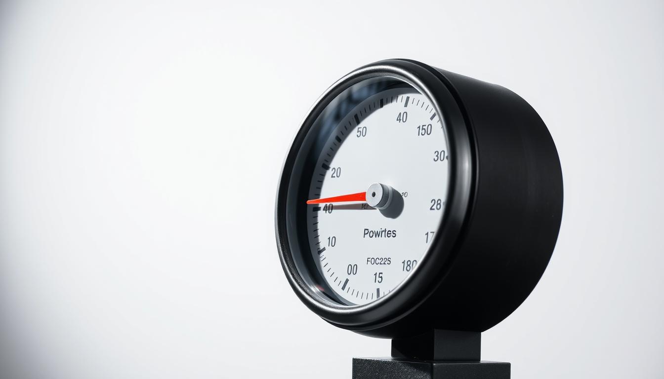 A large mechanical gauge with a red needle against a white background, illuminated by bright studio lighting. The gauge's face displays a numeric scale, indicating the measured force or power output. The gauge is positioned prominently in the foreground, with a clean, minimalist look. The background is slightly out of focus, creating a sense of depth and emphasizing the gauge's central role. The lighting casts dramatic shadows, adding depth and a technical, scientific feel to the image. The overall composition conveys a sense of precision, professionalism, and quantitative analysis.