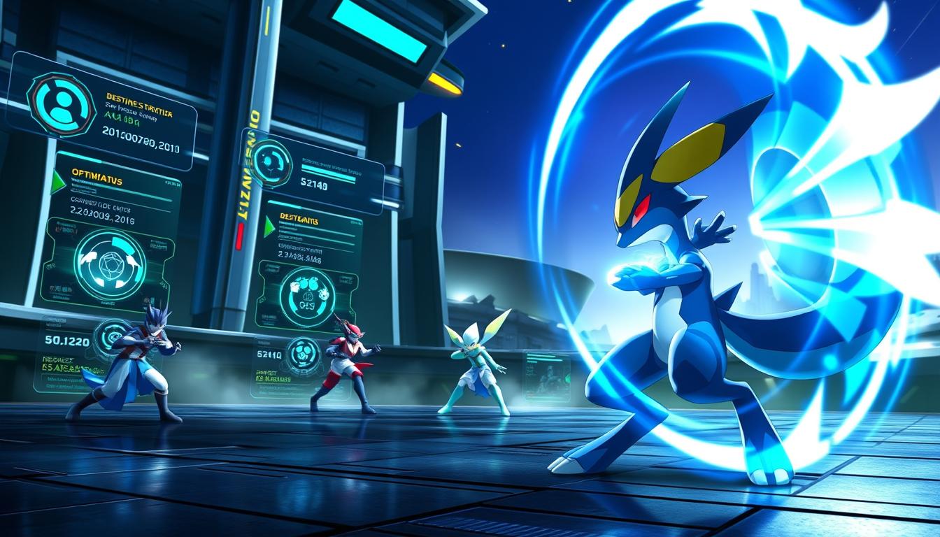 A dynamic, strategic Lucario battle scene in a futuristic arena. In the foreground, Lucario executes a perfectly timed Aura Sphere, its concentrated energy radiating an intense blue glow. Surrounding Lucario, a series of holographic displays offer real-time combat data and optimized tactical suggestions. In the middle ground, Lucario's teammates coordinate seamlessly, their movements a blur of coordinated strikes and coordinated defenses. The background depicts a sleek, high-tech environment, with towering structures and a luminous skyline, creating a sense of an advanced, technological battlescape. Dramatic lighting casts dramatic shadows, amplifying the intensity of the combat. The overall mood is one of tactical mastery, where split-second decisions and coordinated teamwork are the keys to victory.