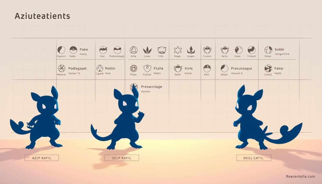 An expansive view of Azumarill's moveset options, presented in a clean, technical illustration. In the foreground, three Azumarill silhouettes stand in dynamic poses, showcasing their distinct movesets. The middle ground features skill icons and descriptive labels, allowing for clear comparison. The background is a minimalist, high-contrast grid, lending an organized, analytical feel. Warm, soft lighting from the left creates depth and dimension, while a shallow depth of field keeps the focus on the central subject matter. The overall mood is one of informative clarity, designed to visually aid the reader's understanding of Azumarill's moveset potential.