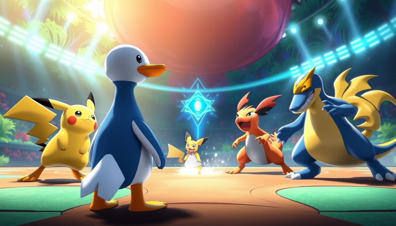 A tactical battle scene set in the Pokemon Unite arena, showcasing Psyduck and its key counters. Psyduck stands in the foreground, surrounded by opposing Pokemon ready to strike. In the midground, a Pikachu, Cinderace, and Lucario converge, each demonstrating unique strategies to neutralize Psyduck's abilities. The background depicts the lush, vibrant environment of the arena, with dynamic lighting capturing the intensity of the matchup. Crisp detail, cinematic composition, and a sense of strategic depth convey the essence of countering Psyduck in Pokemon Unite.