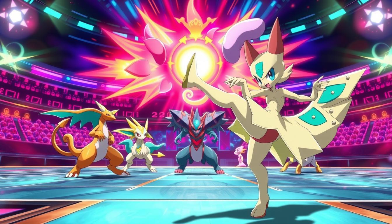 A fierce Pokémon battle unfolds, with Tsareena's swift kicks and elegant footwork as the centerpiece. In the foreground, Tsareena deftly sidesteps attacks, her graceful movements a blur as she counterattacks with devastating precision. The middle ground features the opposing Pokémon, their expressions intense as they coordinate a strategic assault. The background is a vibrant, energy-charged arena, with dynamic lighting and a sense of urgency, capturing the high-stakes competitive atmosphere. Cinematically framed, the scene conveys the thrill and intensity of advanced Pokémon Unite tactics, where split-second decisions and flawless execution are the keys to victory.