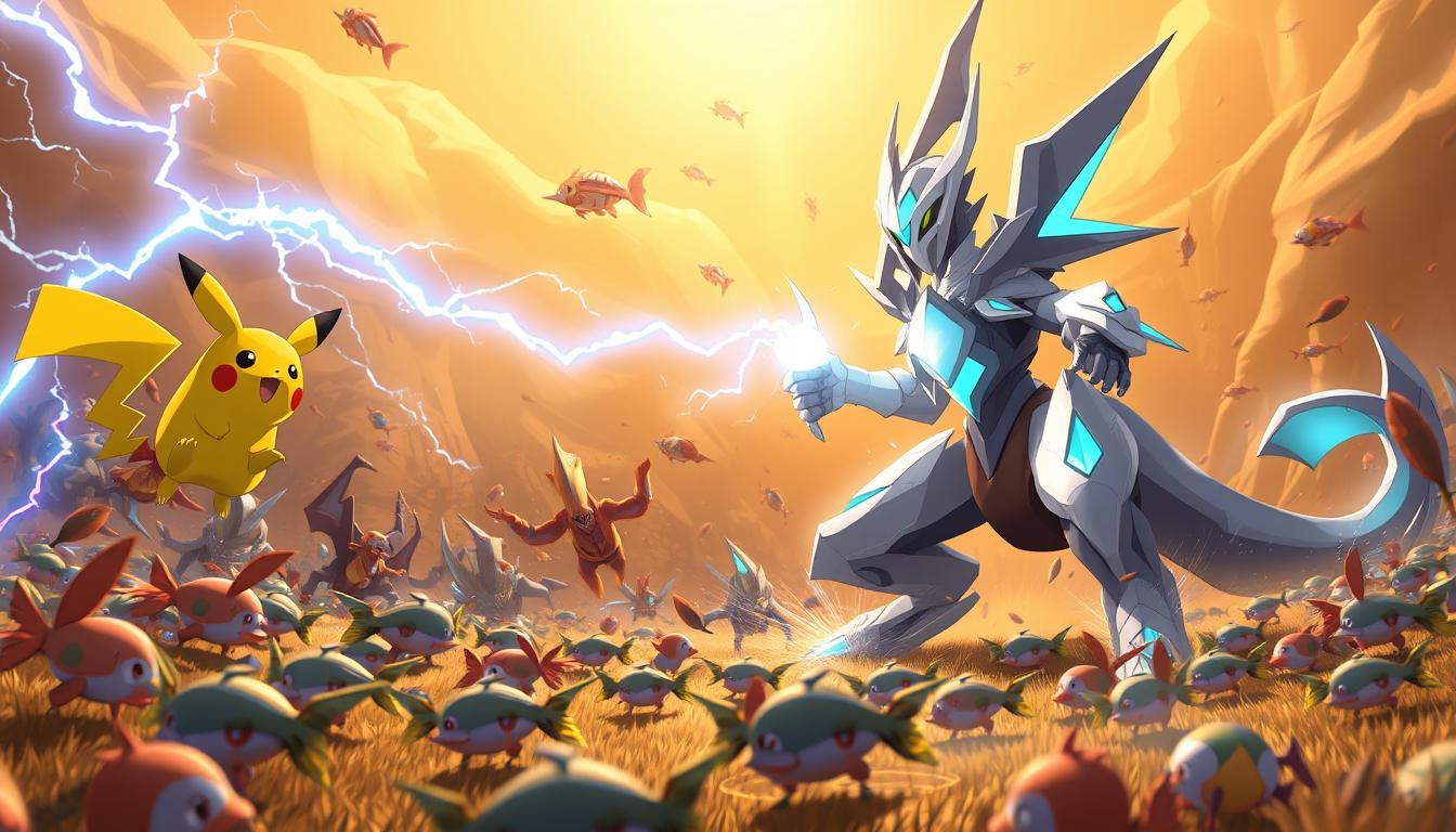 A dynamic battlefield unfolds, showcasing the strategic interplay of Pokemon abilities in the early game. A Pikachu unleashes a crackling Thunderbolt, its electric energy illuminating the arena. In the foreground, an Aegislash deftly wields its Steel and Ghost-type attacks, shielding its allies and striking decisively. Surrounding them, a swarm of Magikarp and Shellder dart between cover, their movements a testament to the importance of positioning and map control. The scene is bathed in a warm, golden light, creating a sense of intensity and determination as the players navigate the early stages of the match.