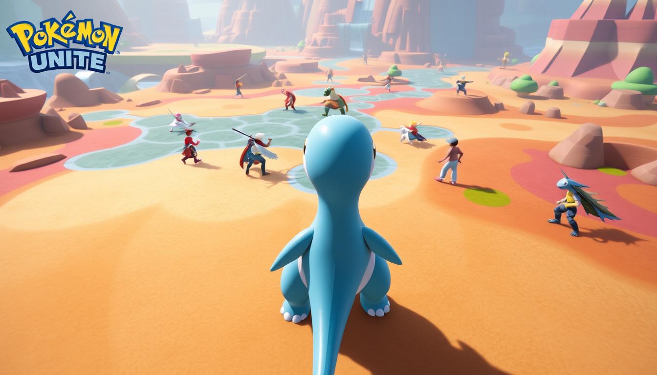 A strategic early game positioning for Lapras in Pokemon Unite, captured with a wide-angle lens in a colorful, vibrant arena. In the foreground, Lapras stands confidently, its shell glistening as it surveys the battlefield. In the middle ground, teammates coordinate their movements, maneuvering around obstacles and enemy Pokemon. The background showcases the dynamic, ever-changing landscape of the map, with diverse terrain and environmental details that offer tactical advantages. Warm, diffused lighting illuminates the scene, creating a sense of focus and intensity as Lapras prepares to unleash its powerful abilities and support its team to victory.