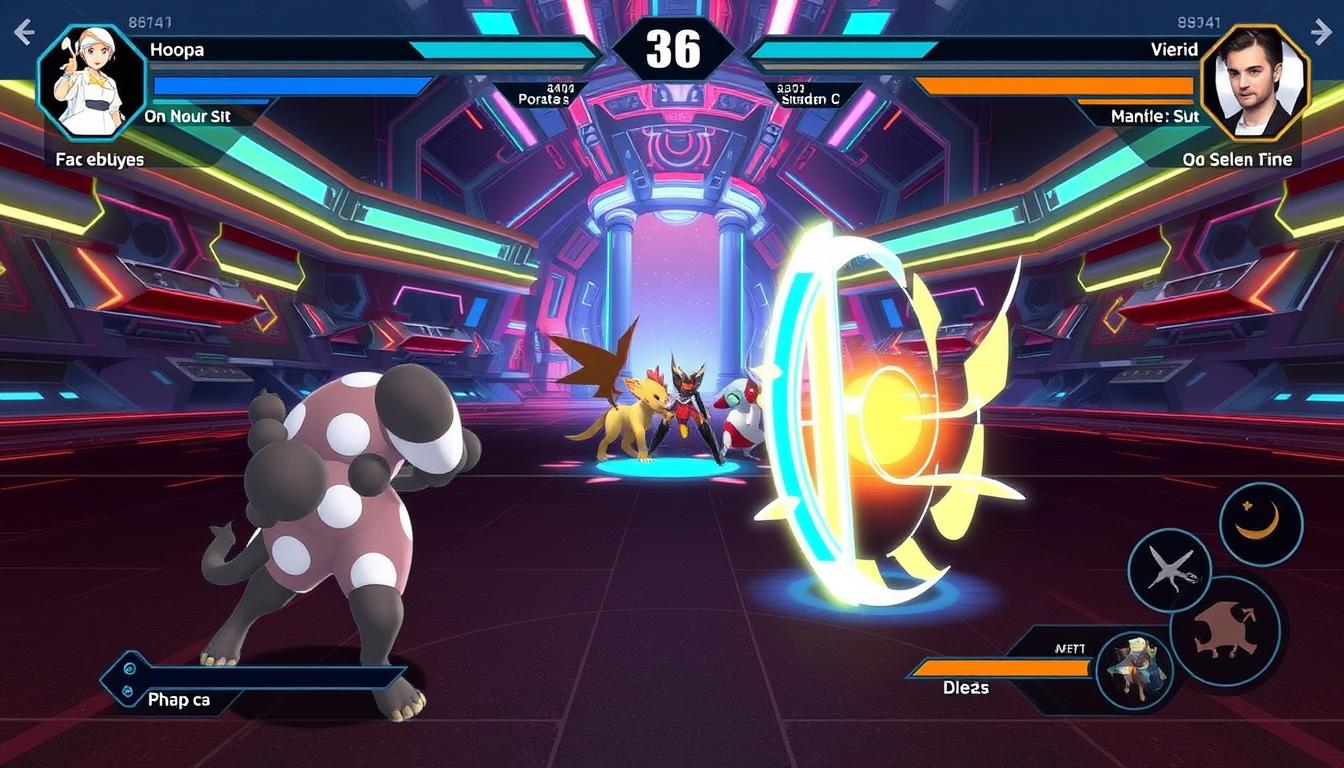 A strategic gaming battlefield, with two opposing players engaged in a Pokemon Unite match. In the foreground, the Hoopa character is showcased, using its portal abilities to outmaneuver and counter its opponent. The middle ground features a clash of Pokemon, each employing unique abilities and tactics. In the background, a technological arena with neon-lit structures and dynamic lighting sets the stage for the intense competition. The image conveys a sense of balance, strategy, and the thrill of outmaneuvering one's opponent through the creative use of portal mechanics.
