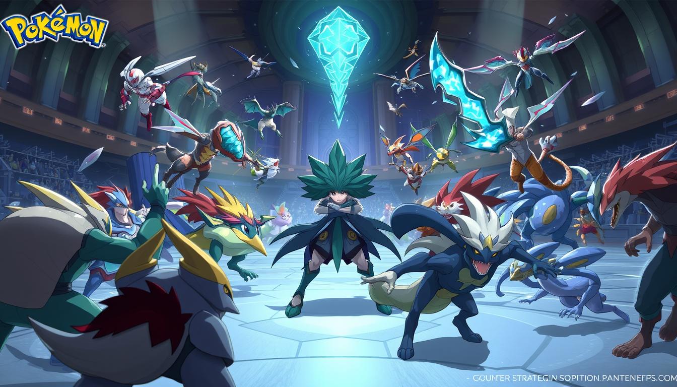 A highly detailed and dynamic illustration showcasing counter strategies for support matchups in a Pokemon Unite battle. A central figure representing the Eldegoss character is surrounded by opponents in the foreground, each with distinct abilities and poses. The middle ground features a variety of Pokemon in action, utilizing diverse support and defensive maneuvers. The background depicts an immersive Pokemon Unite arena setting, with intricate environmental details and atmospheric lighting. The overall composition conveys a sense of strategic engagement, tactical positioning, and the complex interplay between support and opposing roles in the game.