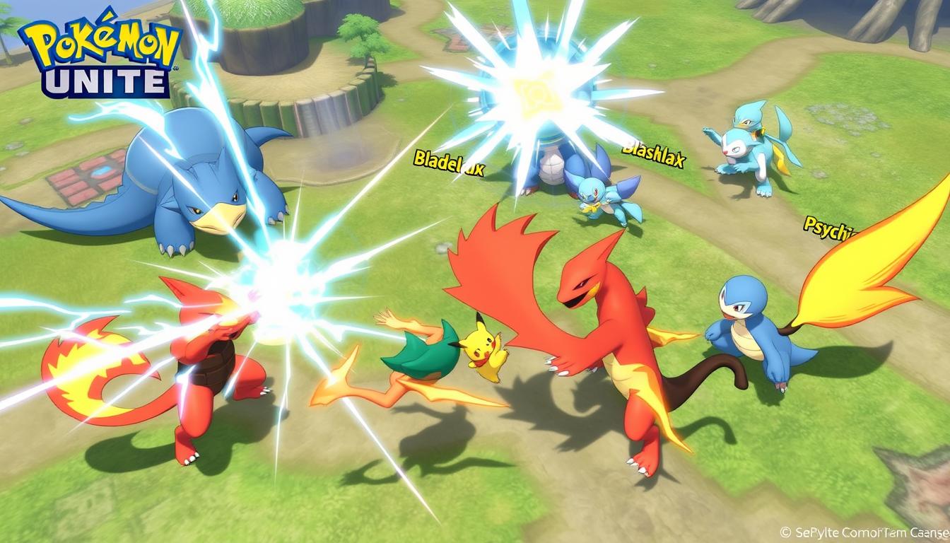 A group of Pokémon Unite players strategically executing a coordinated team combo on a battlefield. In the foreground, Talonflame deftly weaves between opponents, striking with Brave Bird and Flame Charge. Pikachu and Snorlax flank the enemies, unleashing electrifying Thunderbolts and powerful Body Slams. In the middle ground, Blastoise and Gardevoir support the assault, Blastoise projecting a Hydro Pump barrier while Gardevoir's Psychic energy erupts around them. The background depicts a lush, dynamic Pokémon Unite map, with vivid colors, dynamic lighting, and a sense of intense, collaborative action.