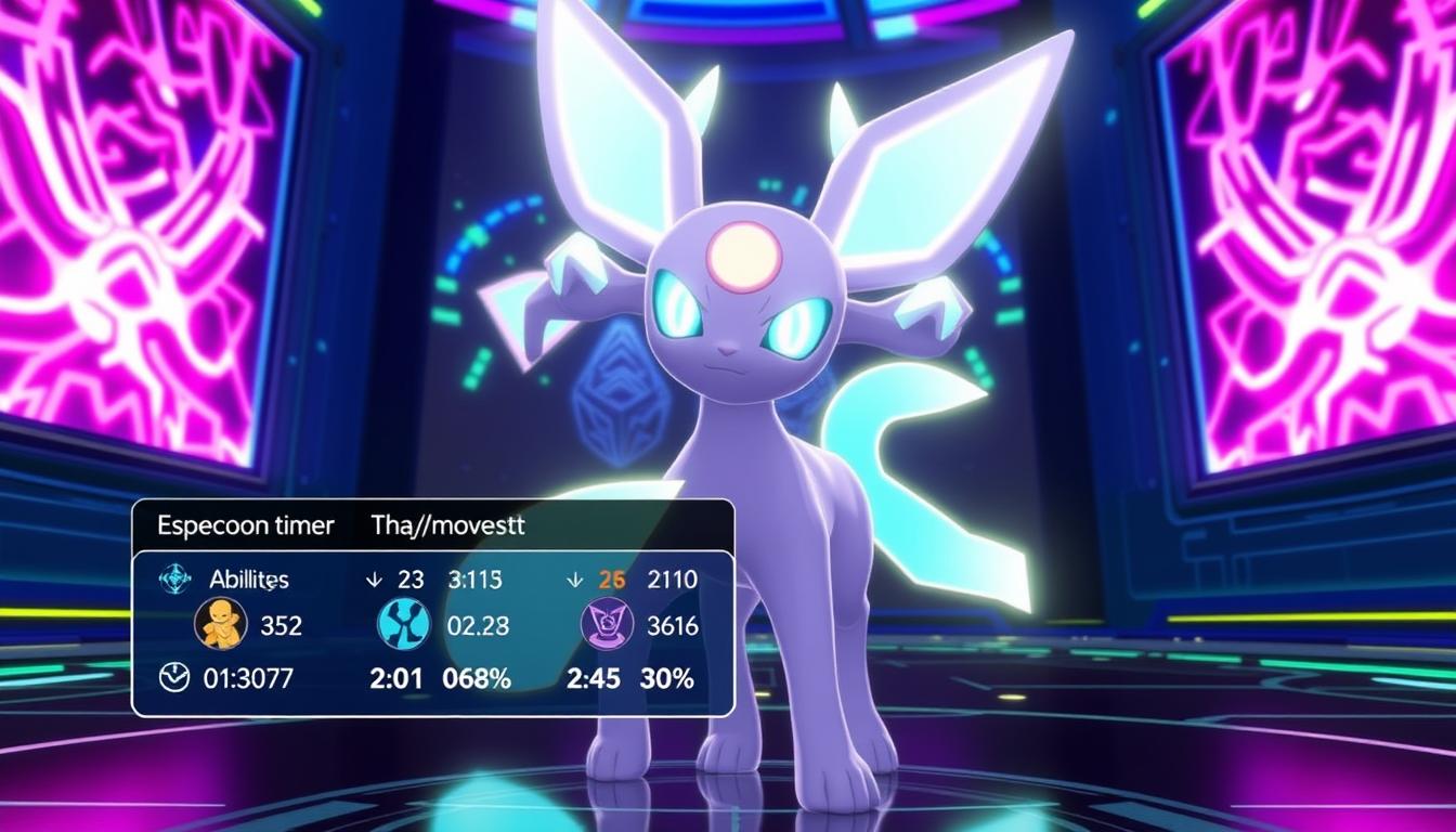 A dynamic Espeon standing in a battle-ready pose, its eyes glowing with psychic energy. In the foreground, a detailed display showcases the cooldown timers for Espeon's moveset, with each ability's icon and a pulsing countdown. The background depicts a vibrant, neon-lit battle arena, the walls pulsing with abstract patterns and energy fields. Bright, focused lighting illuminates the scene, creating a sense of intensity and strategic depth. The overall atmosphere conveys the tactical depth and fast-paced action of Espeon's moveset management in Pokemon Unite.