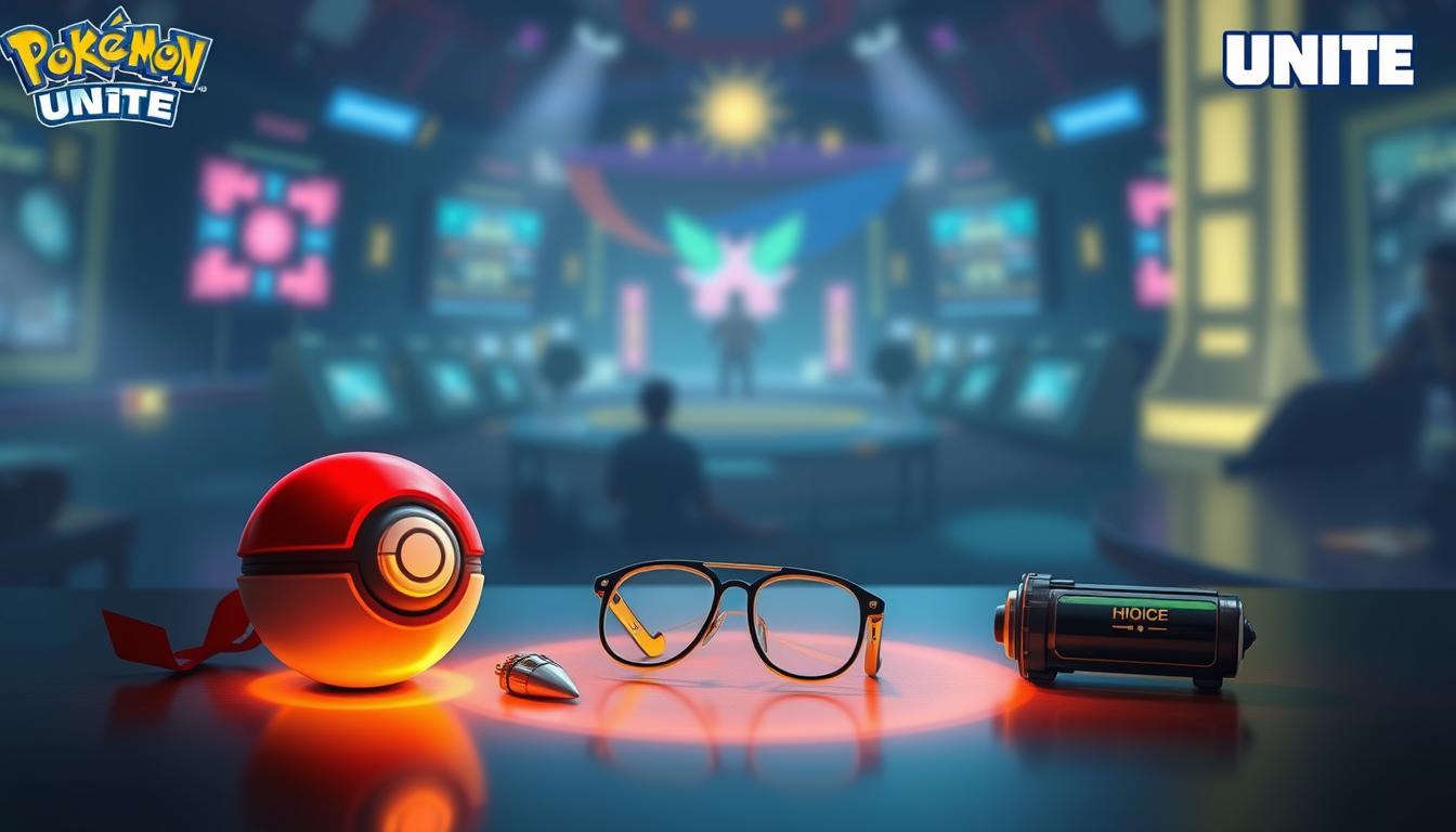 A meticulously designed display of Hoopa's essential items, illuminated by a warm ambient glow. In the foreground, Hoopa's Poké Ball and a selection of items, including a Choice Specs, a Wise Glasses, and a Energy Amplifier, arranged with precision. The middle ground features a softly blurred backdrop of the Pokémon Unite battleground, suggesting the item's in-game application. The overall composition conveys a sense of strategic optimization, inviting the viewer to explore the synergies between Hoopa and its carefully curated item loadout.
