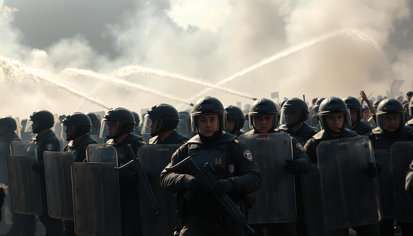 A heavily armed riot police unit stands firm against a crowd of unruly opponents. In the foreground, officers wielding shields and batons form a defensive line, their expressions tense and resolute. In the middle ground, water cannons spray streams of pressurized water, dispersing the agitated mob. The background is shrouded in a hazy cloud of tear gas, obscuring the riotous scene. Dramatic lighting casts dramatic shadows, heightening the tension and sense of conflict. The overall atmosphere is one of chaos and confrontation, with the authorities struggling to maintain control.
