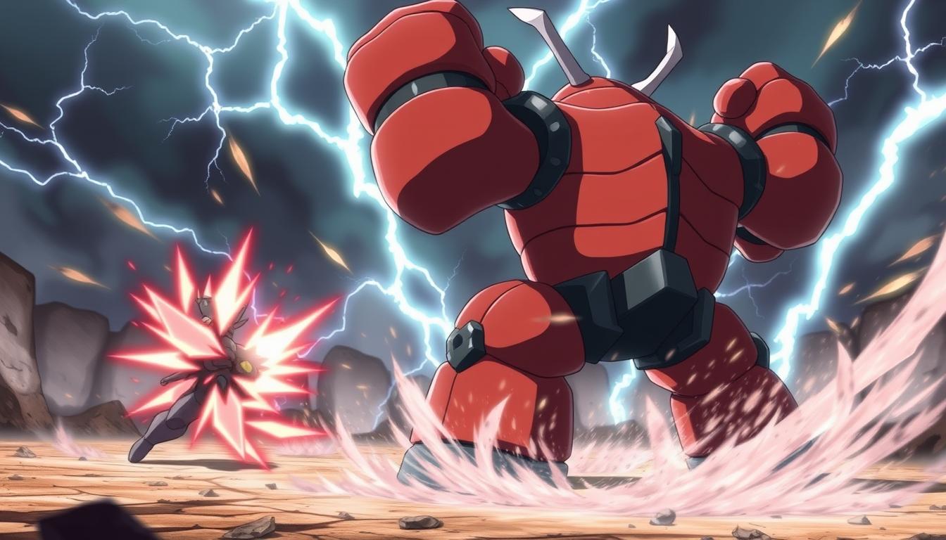 A dynamic battle scene of Buzzwole, the colossal bug-type Pokemon, executing a series of devastating combo attacks. The foreground depicts Buzzwole rearing back, its massive fists glowing with raw power, as it prepares to unleash a flurry of rapid-fire jabs and crushing blows. The middle ground shows its opponent, a rival Pokemon, desperately trying to evade the onslaught, their movements blurred by the sheer speed of Buzzwole's assault. The background is a chaotic swirl of energy, with lightning crackling and the ground trembling from the force of the clash. Dramatic lighting casts deep shadows, emphasizing the intense focus and determination on Buzzwole's face as it masterfully controls the flow of the battle.