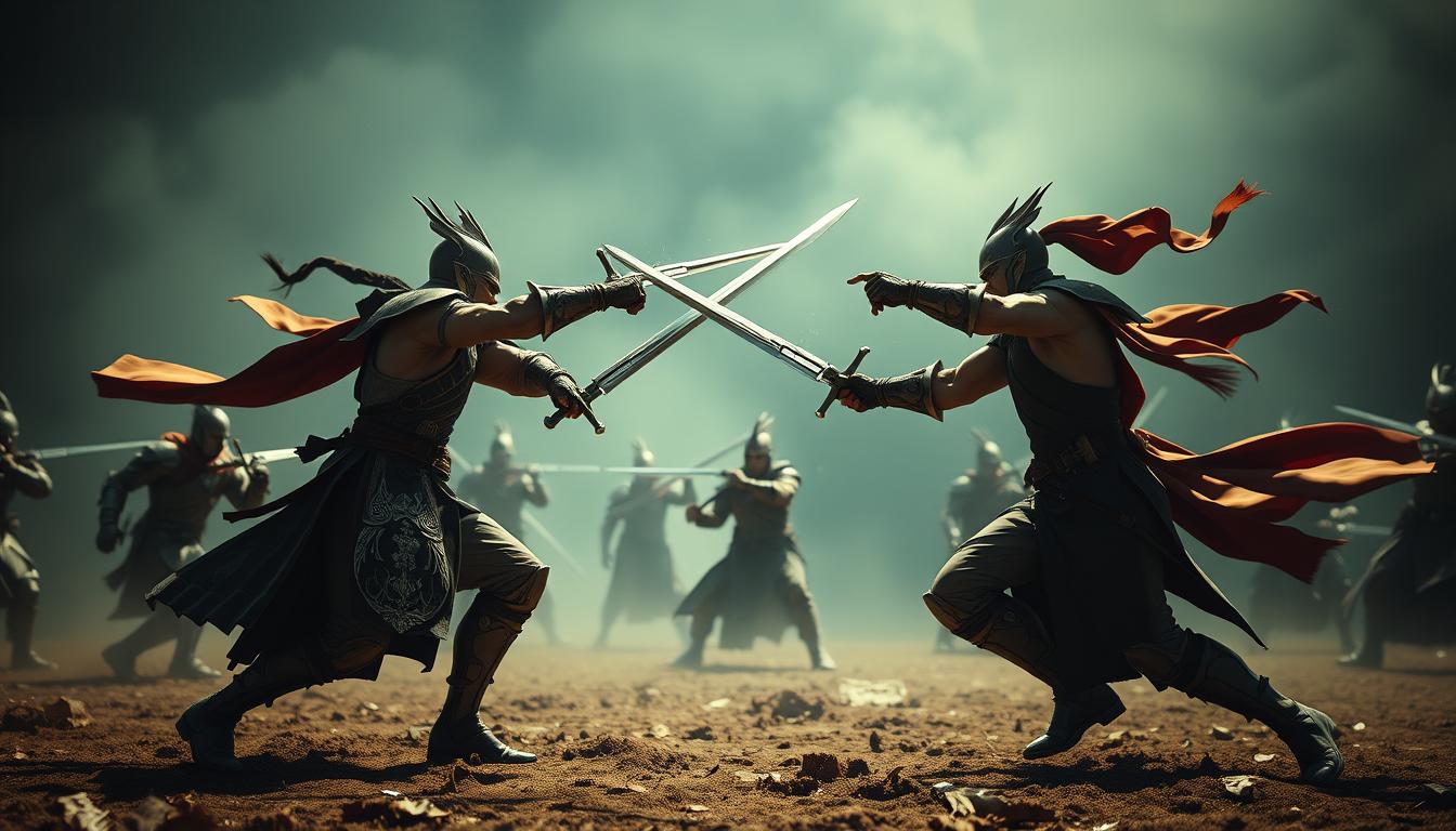A tactical battlefield with two Aegislash Warriors engaged in a fierce clash, their swords clashing in a well-choreographed dance of offense and defense. The foreground captures the intense timing and precision of their attacks, each move carefully timed to counter the opponent's strikes. The middle ground showcases the warriors' stances and footwork, emphasizing the strategic maneuvering required to gain the upper hand. The background is shrouded in a moody, atmospheric lighting, creating a sense of focus and tension. Cinematic camera angles and a sense of dynamism convey the strategic depth and complexity of the battle mechanics.