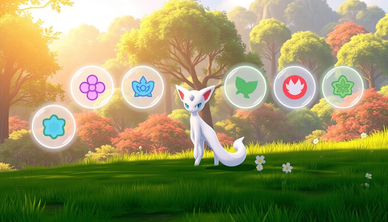 A serene landscape with a vibrant, lush forest in the background. In the foreground, a character representing Mew from Pokemon Unite stands proudly, surrounded by glowing orbs and symbols representing different leveling strategies. The character's expression is one of determination and focus, as if guiding the viewer through the progression and leveling process. The lighting is warm and natural, creating a sense of depth and dimension. The overall mood is one of guidance and empowerment, perfectly suited for illustrating the "Progression and Leveling Guide for Mew" section of the article.