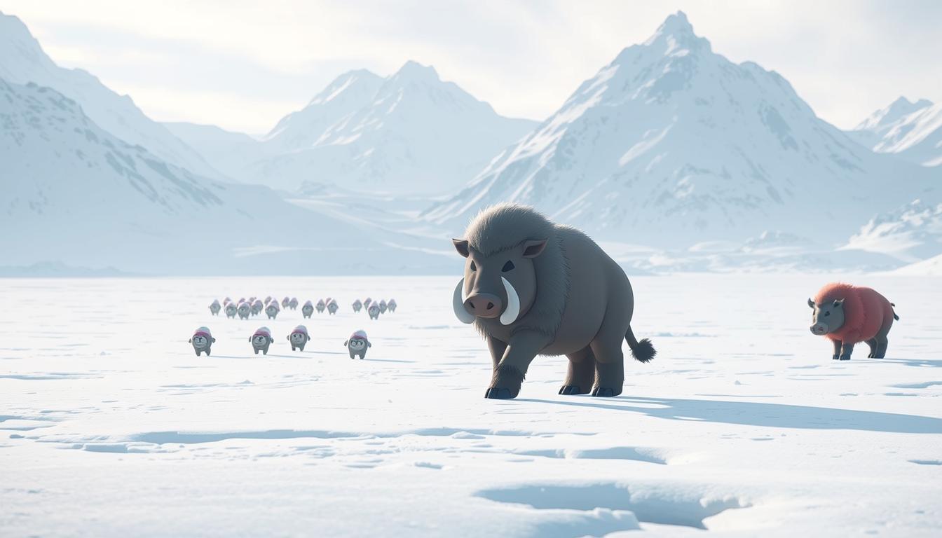 A vast, icy tundra stretches out before the viewer, with a dominant Mamoswine standing in the foreground. The pokemon's thick, woolly fur glistens in the soft, diffused lighting, its powerful tusks and sturdy frame suggesting a formidable presence. In the middle ground, a pack of smaller Swinub scurry across the snowy landscape, their movements conveying a sense of urgency. In the background, towering glaciers rise, their jagged peaks casting long shadows across the scene. The overall atmosphere is one of cold, raw power and the harsh realities of the pokemon's icy habitat, perfectly capturing the essence of a "dominant ice-ground strategies" for Mamoswine in Pokemon Unite.