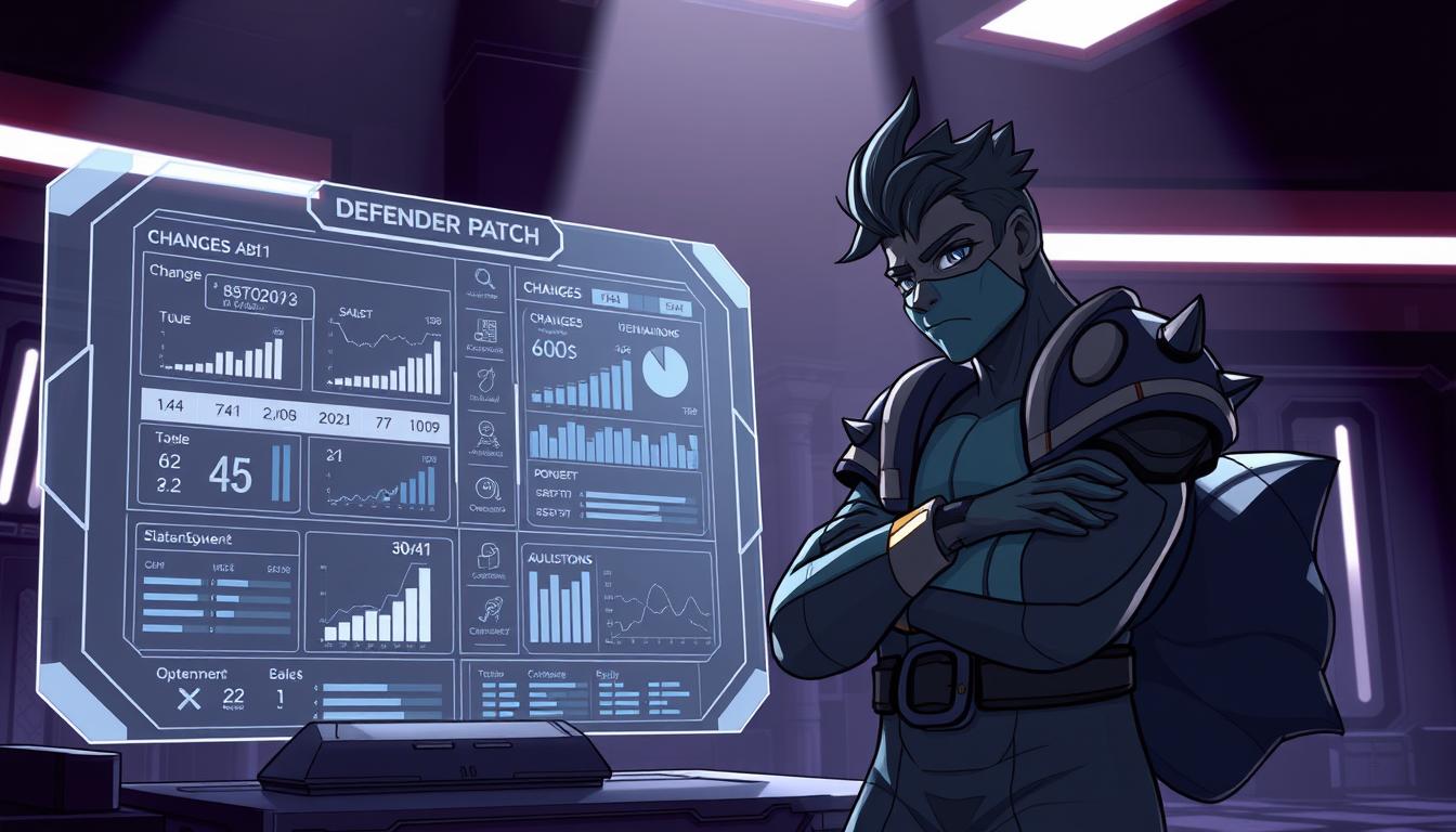 A detailed digital illustration of a defender patch analysis, showcasing the meticulously organized changes and their impact on a strategic game character. The foreground displays a holographic interface with neatly arranged statistics, graphs, and technical readouts, providing a comprehensive overview of the adjustments. The middle ground features the game character, Crustle, in a thoughtful pose, analyzing the data with a focused expression. The background subtly blends futuristic architectural elements and a muted color palette, creating a professional, analytical atmosphere. Dramatic lighting from above casts dramatic shadows, highlighting the depth and complexity of the subject matter. The overall composition conveys a sense of in-depth, data-driven decision-making process.
