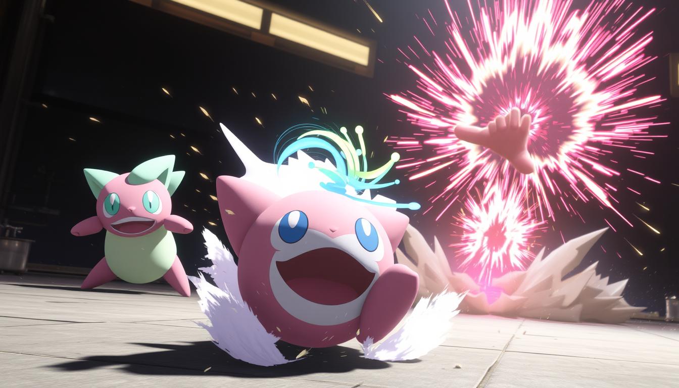 A dynamic scene depicting Wigglytuff's most powerful damage and disable moves. In the foreground, Wigglytuff unleashes a devastating Rollout, its round body barreling towards the viewer with incredible momentum. In the middle ground, Wigglytuff conjures a glowing Disarming Voice, the colorful soundwaves rippling through the air. In the background, a Hyper Voice erupts, the amplified shockwaves distorting the environment. Dramatic lighting accentuates the intensity of the abilities, casting dynamic shadows and highlights. The overall atmosphere conveys the sheer impact and versatility of Wigglytuff's essential moves.