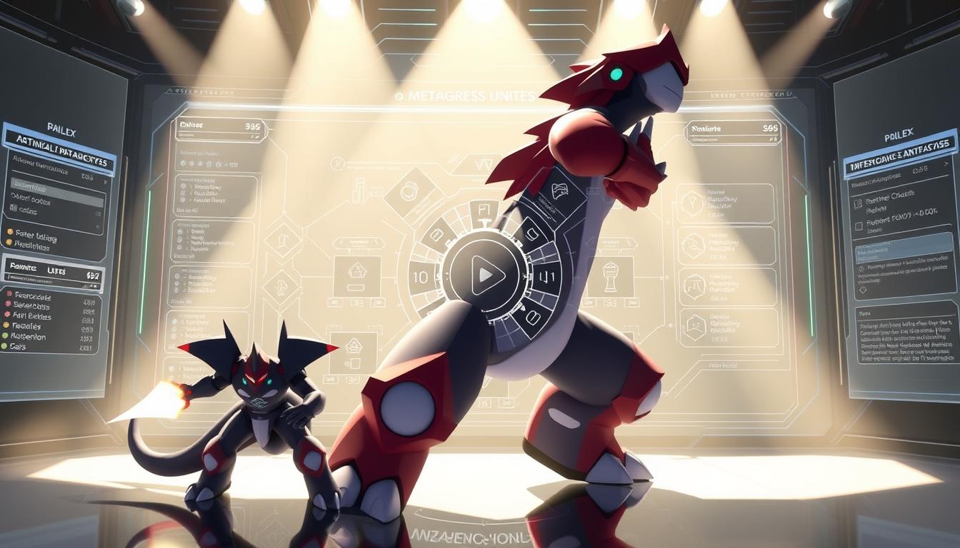 A detailed technical diagram of "Damage Optimization Guide" for a Pokemon Unite Metagross build. The foreground shows the Metagross character in a dynamic action pose, with clearly visible attack animations and effects. The middle ground features a complex schematic diagram of optimal damage calculations, item synergies, and ability rotations. The background is a sleek, minimalist interface with futuristic UI elements, creating a high-tech, data-driven atmosphere. Dramatic studio lighting from multiple angles highlights the key areas of the diagram, creating depth and drama. The overall composition conveys a sense of strategic depth and mathematical precision in optimizing a Metagross build for maximum damage output.