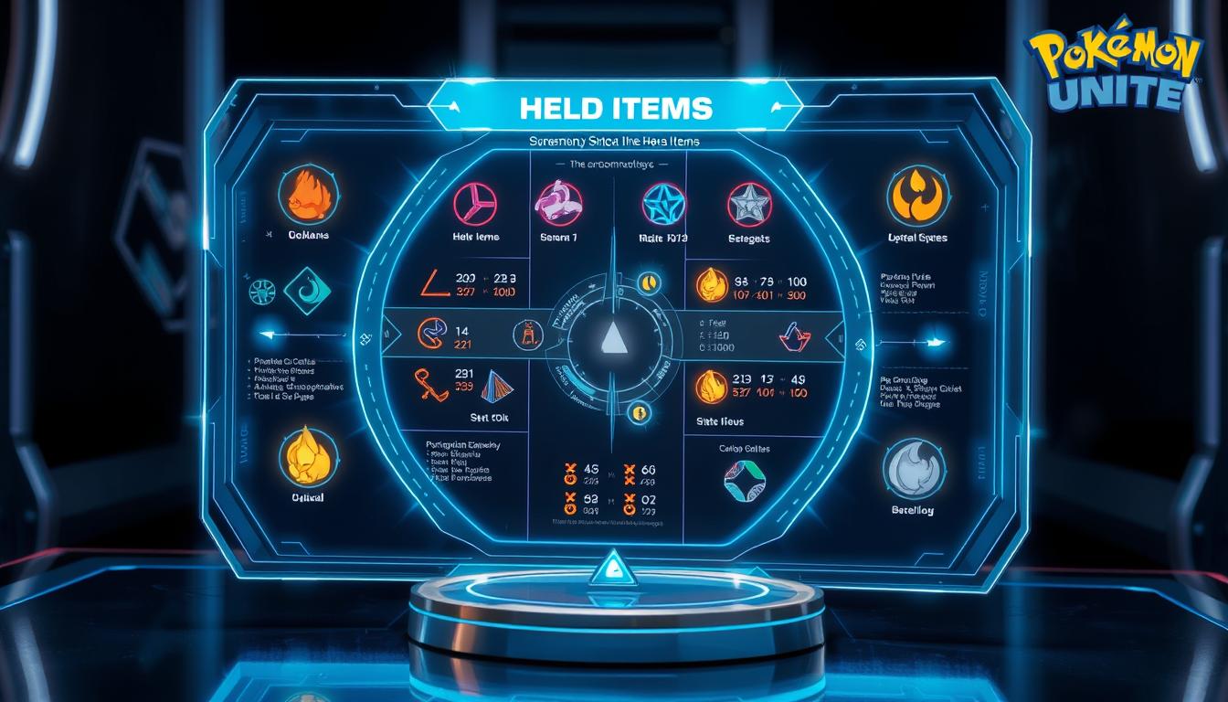 A dynamic and meticulously arranged holographic chart, hovering above a sleek, metallic surface. The chart presents a synergistic visualization of various Pokemon Unite held items, their stats, and how they complement each other in strategic gameplay. Vibrant icons, graphs, and numerical data are elegantly displayed, illuminated by a soft, ambient glow. The chart is surrounded by a futuristic, technological environment, with subtle hints of the Pokemon Unite logo and branding elements in the background. The overall atmosphere is one of clarity, precision, and a deep understanding of the intricate interplay between held items in the competitive Pokemon Unite landscape.