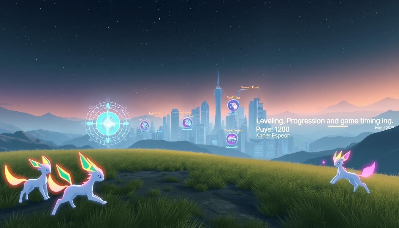 A serene, futuristic landscape with a central focus on a leveling strategy for the Pokemon Unite game. In the foreground, a team of Espeon characters engage in a dynamic, strategic gameplay sequence, their movements and abilities highlighted by vibrant neon-like effects. In the middle ground, a sprawling, high-tech city skyline with holographic displays showcases Espeon's progression and upgrades. The background features a starry, atmospheric sky with subtle hints of a technological grid, conveying a sense of a futuristic, interconnected world. The lighting is a balanced mix of warm and cool tones, creating a visually striking and immersive scene that captures the essence of the "Leveling, Progression, and Game Timing in 2025" section.