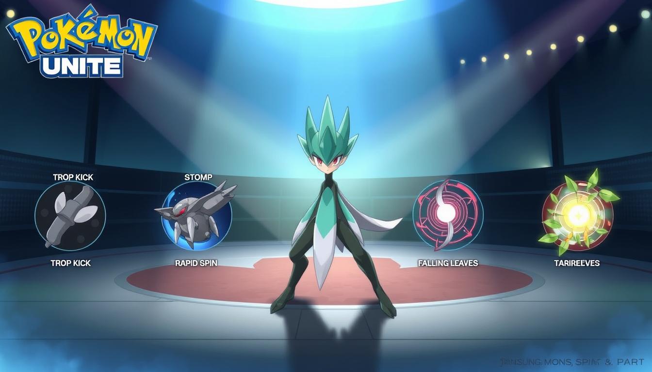 A digital illustration showcasing Tsareena's movesets from the video game Pokemon Unite. The foreground depicts Tsareena in a heroic, three-quarter view pose, surrounded by detailed depictions of her four signature moves - Trop Kick, Stomp, Rapid Spin, and Falling Leaves. The middle ground features a stylized battle arena with a gradient background, creating a sense of depth and dynamism. The lighting is cinematic, with dramatic shadows and highlights accentuating Tsareena's powerful stance and the unique properties of each move. The overall atmosphere conveys the strategic depth and visual appeal of Tsareena's moveset options in the context of the Pokemon Unite game.