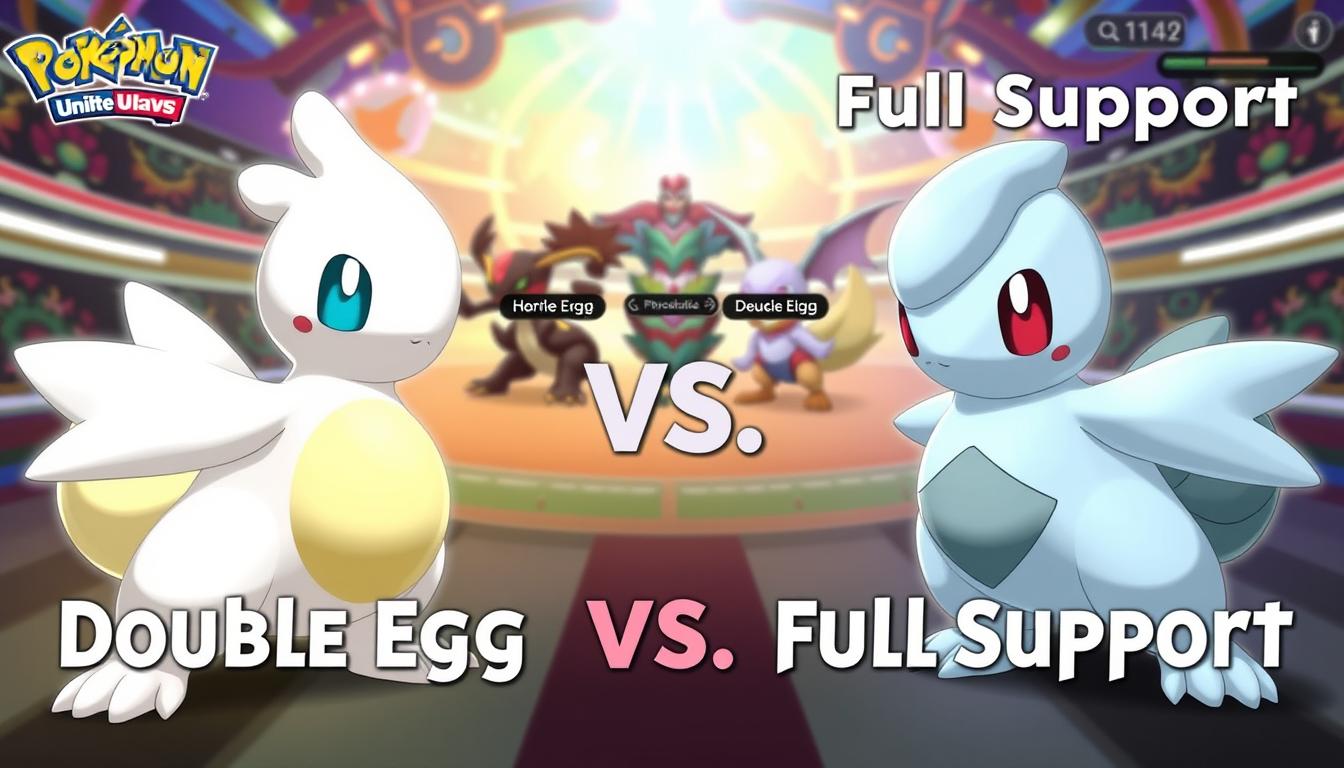 A high-quality, detailed comparison of "Double Egg vs Full Support" Pokemon Unite Blissey builds. In the foreground, two Blisseys stand side-by-side, one using the "Double Egg" moveset and the other the "Full Support" build. Their different skill effects and support abilities are clearly visible. The middle ground shows a team of Pokemon engaged in battle, with the Blisseys' healing and defensive buffs supporting their allies. The background depicts a vibrant, colorful Pokemon Unite arena, with dynamic lighting and depth of field to enhance the focus on the central comparison. The overall mood is one of strategic decision-making, with a sense of high-stakes Pokemon action.