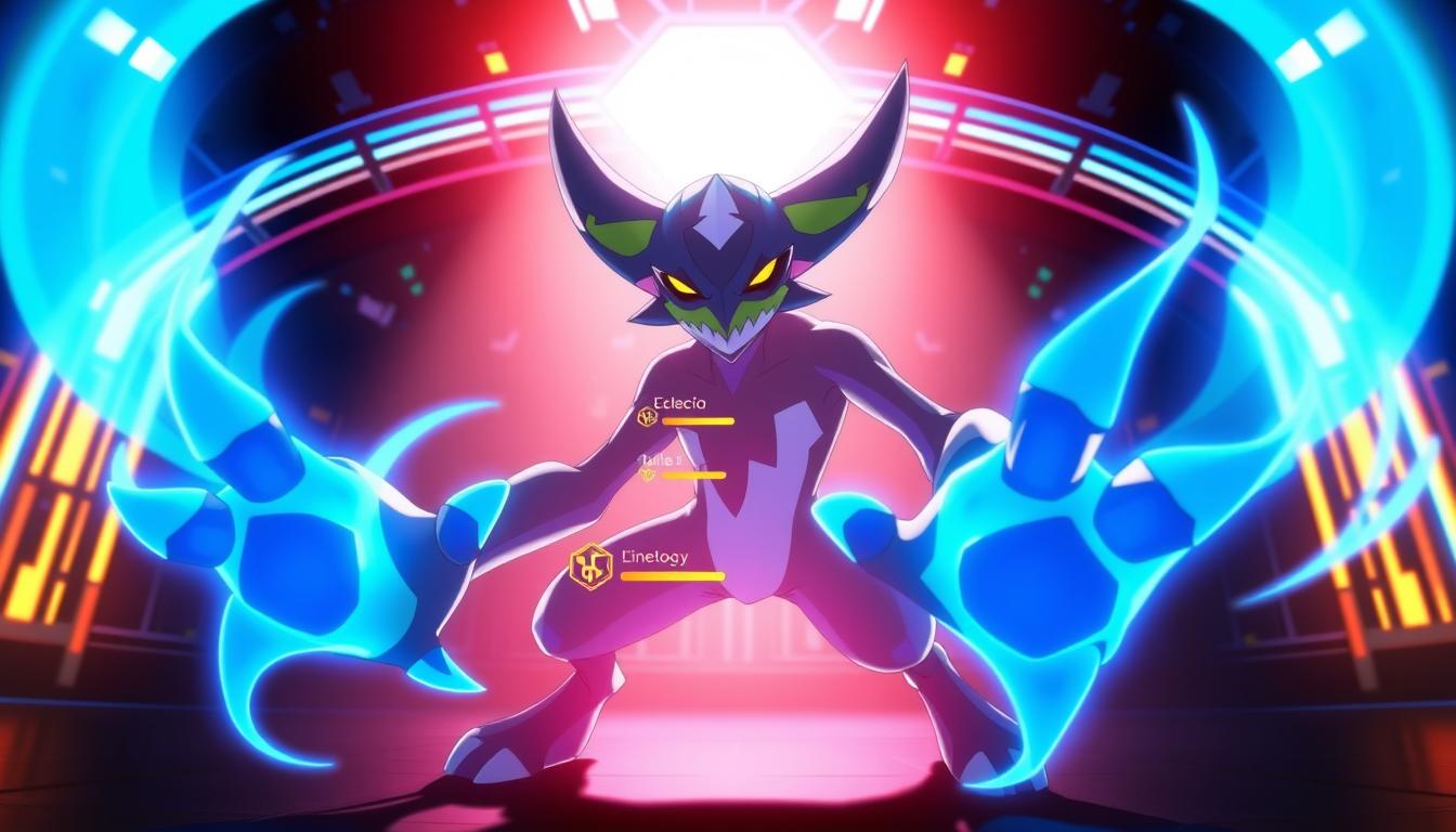 A dynamic scene of Lucario, the Aura Pokémon, in a combat stance. In the foreground, Lucario's paws radiate a blue aura, signifying an active cooldown reset mechanic. The middle ground features intricate Pokémon Unite ability icons and energy bars, highlighting the tactical timing of these abilities. The background depicts a futuristic, neon-lit arena, reflecting the high-intensity nature of competitive Pokémon Unite matches. Dramatic lighting casts dynamic shadows, emphasizing Lucario's agile movements and the strategic depth of cooldown reset mechanics. Capture the essence of mastering advanced Lucario combos through a visually captivating, technically detailed image.