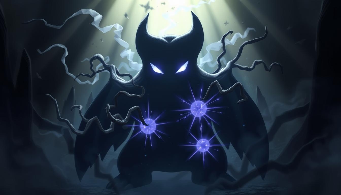 A haunting scene of ghostly energy radiating from Gengar's shadowy form. In the foreground, Gengar's silhouette looms, its eyes shining with spectral power. Wisps of ethereal mist swirl around it, hinting at the supernatural abilities it wields. In the middle ground, shadowy tendrils reach out, intertwining with bursts of spectral energy - the synergy of Dream Eater and Shadow Ball. The background is shrouded in an eerie, chiaroscuro-like realm, with dim lighting casting dramatic shadows and highlights, evoking a sense of the otherworldly. The entire composition exudes an aura of mystery, power, and the uncanny, befitting Gengar's status as a formidable ghost-type Pokémon.