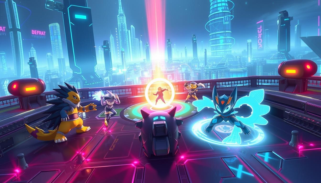 A dynamic, high-intensity team battle scenario in a futuristic, neon-lit arena. The foreground depicts two opposing teams of Pokemon Unite characters fiercely contesting a central control point, with Urshifu at the heart of the action, utilizing a diverse array of offensive and defensive moves. The middle ground showcases a variety of energy fields, obstacles, and interactive environmental elements that players must navigate and leverage to gain the upper hand. The background features a sprawling, technologically advanced cityscape, with towering skyscrapers and pulsing energy grids, setting the stage for an epic, high-stakes objective control encounter. Dramatic lighting, cinematic camera angles, and a sense of strategic depth and chaos combine to capture the essence of "Tips and Tricks for Dominating Objectives and Team Fights" in the Pokemon Unite universe.