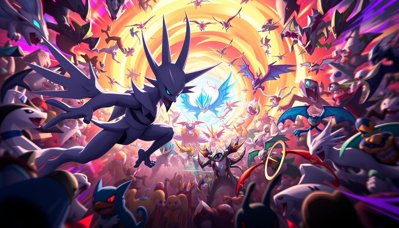 A chaotic melee of Pokémon Unite characters, surrounded by a swirling vortex of energy, representing the ever-evolving strategies and meta shifts in the game. In the foreground, an Absol leaps forward, its blades glowing with power, symbolizing the pursuit of dominance. In the middle ground, Pokémon clash in a blur of motion, showcasing the "sucker punch" tactics and unexpected maneuvers that can turn the tide of battle. The background is a kaleidoscope of vibrant colors and abstract shapes, hinting at the "meta" level of game theory and optimization that drives the competitive scene. Dramatic lighting and a cinematic angle lend an intensity to the scene, capturing the essence of the cutting-edge strategies that define the current state of the game.