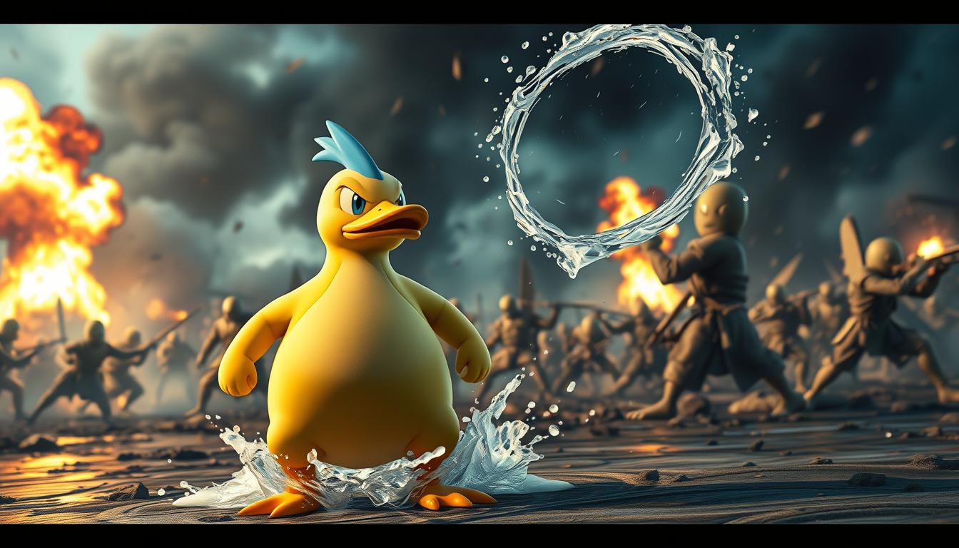A high-definition, ultra-realistic scene of Psyduck in the midst of a fierce battle, showcasing its signature combat strategies. In the foreground, Psyduck stands resolute, its eyes narrowed in determination as it prepares to unleash a powerful Surf attack, water swirling around it. In the middle ground, the backdrop depicts a chaotic, war-torn battlefield, with other Pokemon engaged in intense combat, creating a dynamic and immersive environment. The lighting is dramatic, with a mix of cool and warm tones, accentuating the tension and excitement of the moment. The camera angle is slightly low, capturing the action from an elevated perspective, heightening the sense of scale and grandeur. The overall mood is one of strategic intensity, where Psyduck's unique abilities and combat tactics are showcased in a visually stunning display.