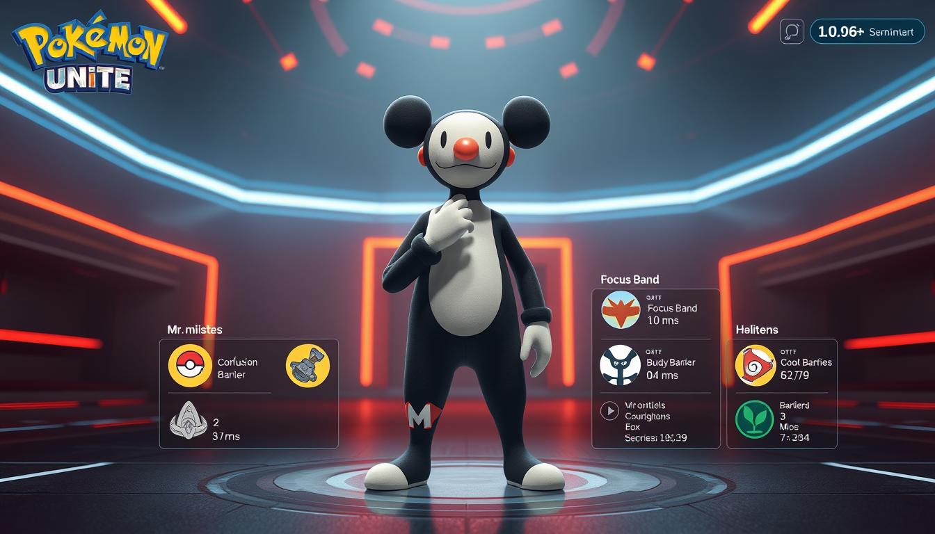 A highly detailed, photorealistic image of a Mr. Mime from the Pokemon Unite video game, showcasing its core build setup. The Pokemon is positioned in the center, standing confidently with its unique mime-like pose and a thoughtful expression. The foreground features Mr. Mime's primary abilities and items, including the Confusion and Barrier moves, as well as held items like Focus Band and Buddy Barrier, all depicted with meticulous attention to detail. The middle ground showcases the Pokemon's stats and key parameters, such as its health, shields, and cooldown reductions. The background is a minimalist, futuristic arena setting, evoking the strategic depth and competitive nature of the Pokemon Unite game. The lighting is dramatic, with warm tones highlighting the Pokemon's features and the cool, neon-infused ambiance of the setting, creating an impactful and visually striking image.