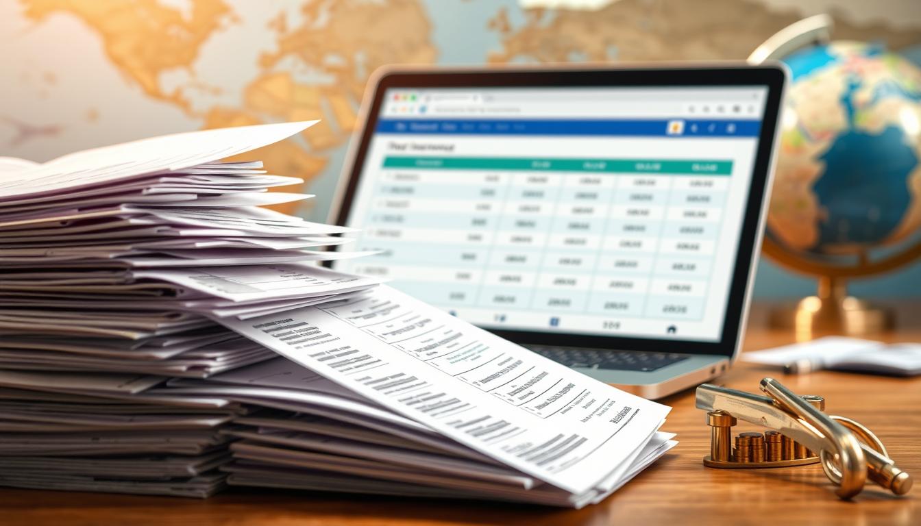 Travel Insurance Belgium: Compare Plans & Prices 3 A detailed, photorealistic image of the costs and expenses associated with travel insurance. In the foreground, a stack of financial documents, invoices, and receipts, representing the various fees and charges. In the middle ground, a laptop or tablet displaying an insurance policy or comparison website, showcasing the different coverage options and their associated prices. In the background, a map or globe, symbolizing the global nature of travel and the need for comprehensive insurance protection. The scene is illuminated by a warm, natural lighting, creating a sense of professionalism and authority. The overall mood is one of financial awareness and responsible planning for a safe and worry-free journey.