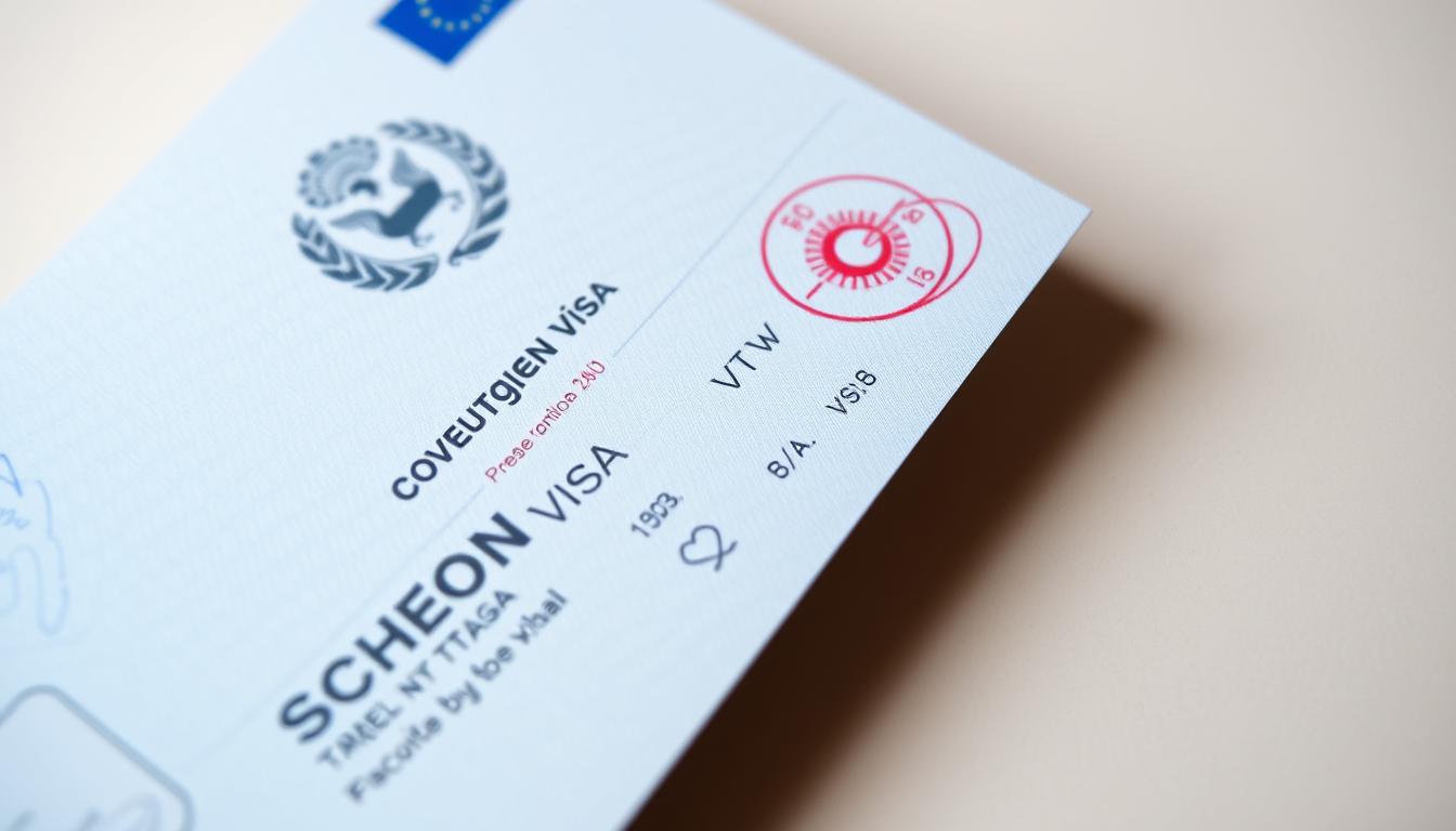 Travel Insurance Belgium: Compare Plans & Prices 4 A crisp, close-up view of a Schengen visa document, meticulously detailed. The front cover features the intricate emblem of the European Union, exuding a sense of authority and international recognition. The pages are displayed in a slightly angled perspective, allowing the viewer to appreciate the finely printed text, stamps, and security features that authenticate its legitimacy. The lighting is soft and diffused, creating a subtle, professional atmosphere that conveys the importance and formality of this essential travel document. The background is a clean, neutral tone, ensuring the visa itself remains the sole focus of the image.