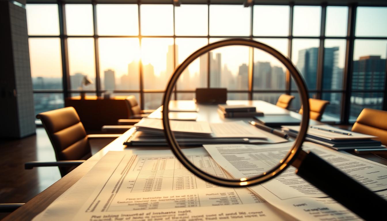 A modern, minimalist office interior with a large desk and an array of documents, contracts, and financial statements. In the foreground, a magnifying glass hovers over the paperwork, highlighting the details and fine print. The background features a window overlooking a bustling city skyline, bathed in warm, golden afternoon light. The mood is one of careful consideration and financial responsibility, reflecting the importance of understanding the cost drivers of landlord insurance.