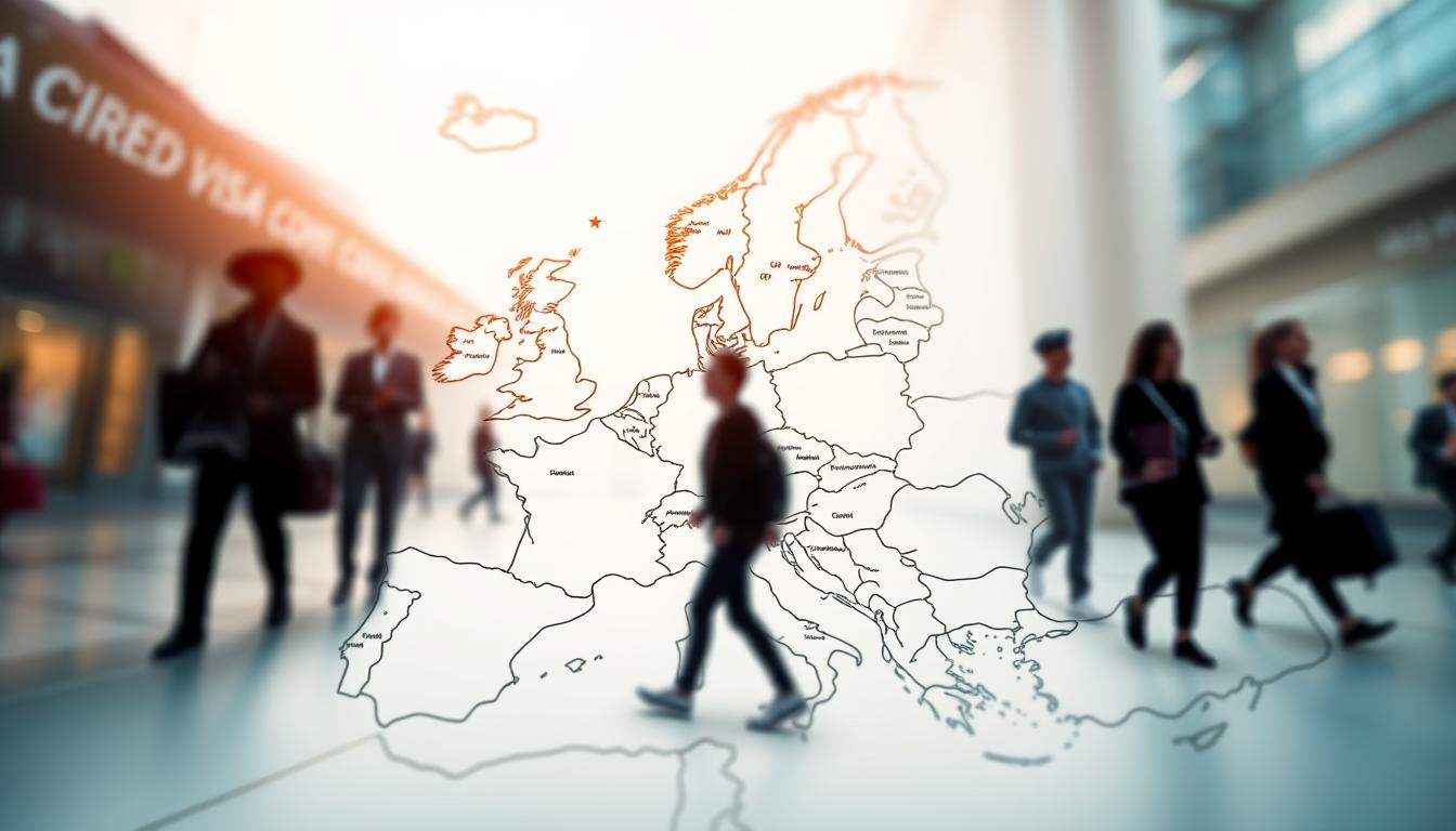 Travel Insurance Belgium: Compare Plans & Prices 2 A detailed illustration of the Schengen visa coverage area, captured through a wide-angle lens with a shallow depth of field. The foreground showcases a stylized map of Europe, highlighting the countries that are part of the Schengen zone with intricate linework and subtle shading. The middle ground features silhouettes of international travelers, their passports and visas visible, emphasizing the significance of cross-border mobility within the Schengen region. The background is softly blurred, creating a sense of depth and focus on the central elements. The overall tone is informative and visually engaging, conveying the essential information about the Schengen visa policy in a concise and visually striking manner.