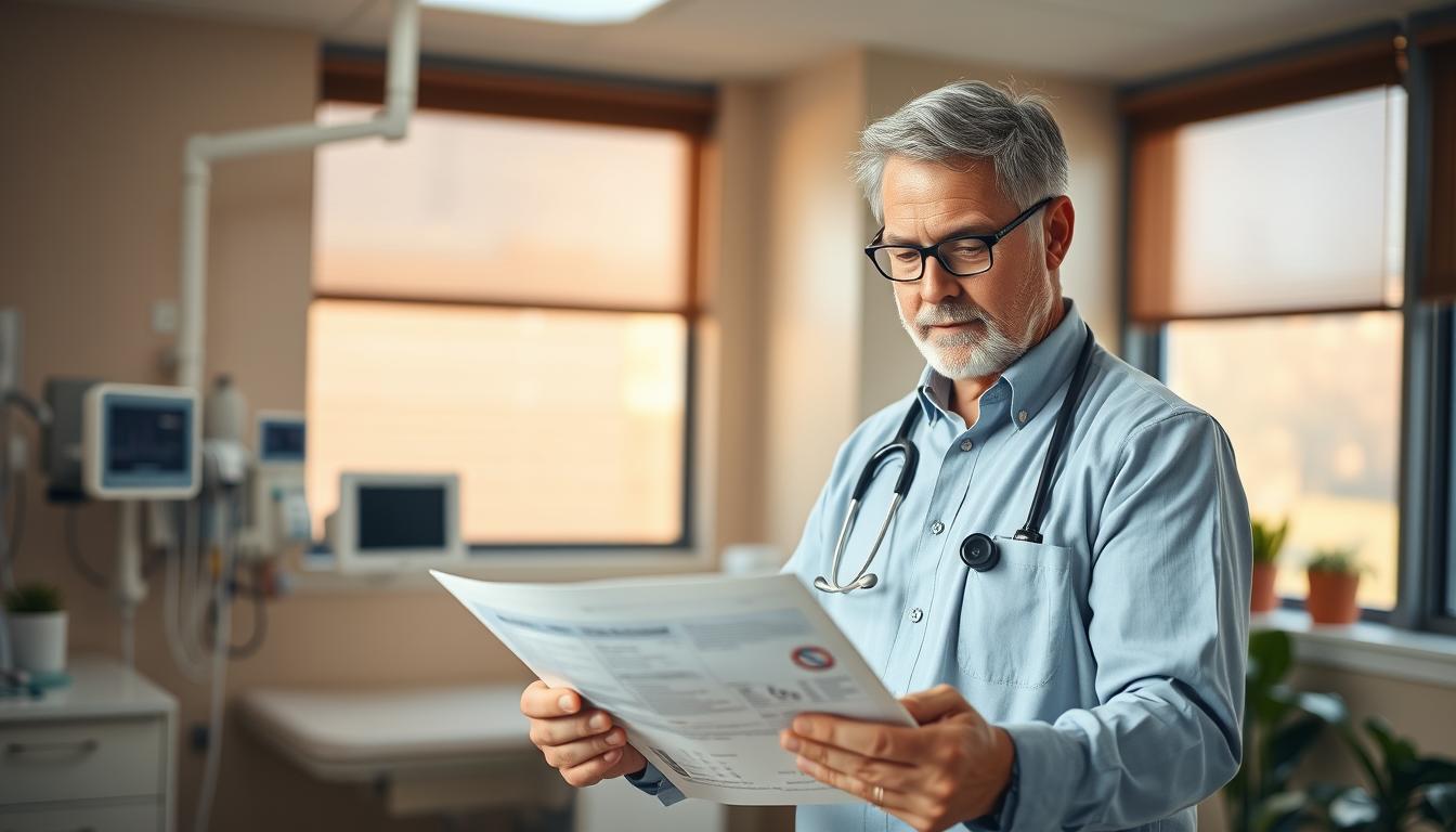 A middle-aged green card holder standing in a well-lit doctor's office, poring over medical documents with a thoughtful expression. The room features modern medical equipment and calming earth-toned decor, creating a professional yet reassuring atmosphere. Warm, natural lighting filters in through large windows, casting a soft glow on the subject's face. The figure is captured in a three-quarter pose, conveying a sense of confidence and engagement with their healthcare. The background is slightly blurred, keeping the focus on the green card holder's interactions with the medical materials.
