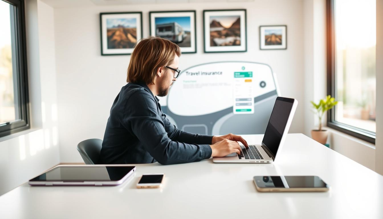A bright, modern office setting with a sleek, minimalist desk showcasing a laptop, tablet, and smartphone. In the foreground, a person sits at the desk, intently studying a travel trailer insurance quote displayed on the laptop screen. The scene is illuminated by soft, natural light filtering in through large windows, creating a calming and productive atmosphere. The background features a wall of framed travel photos, hinting at the owner's adventurous spirit and the need to protect their investment in a travel trailer. The overall composition suggests a thoughtful, well-researched approach to securing the right insurance coverage for a cherished recreational vehicle.