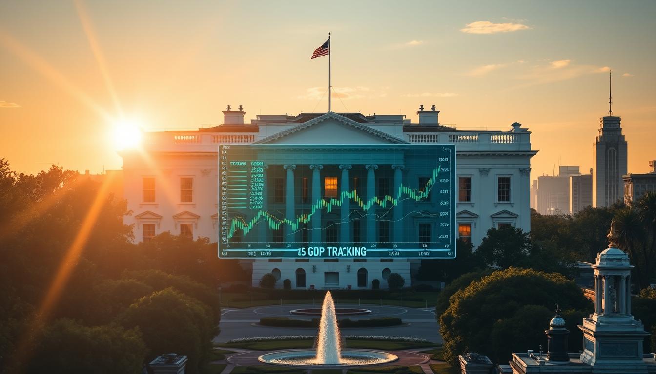 A majestic view of the White House, its stately facade illuminated by the warm glow of the sun. In the foreground, a futuristic, holographic display showcases a detailed, blockchain-powered GDP tracking system. The data visualizations dance across the screen, providing real-time insights into the nation's economic health. Surrounding the White House, a bustling cityscape with towering skyscrapers, all rendered in a sleek, modernist style. Public information and useful images, this scene conveys the vision of a "Crypto President" who has harnessed the power of blockchain technology to bring unprecedented transparency to the United States' economic landscape.