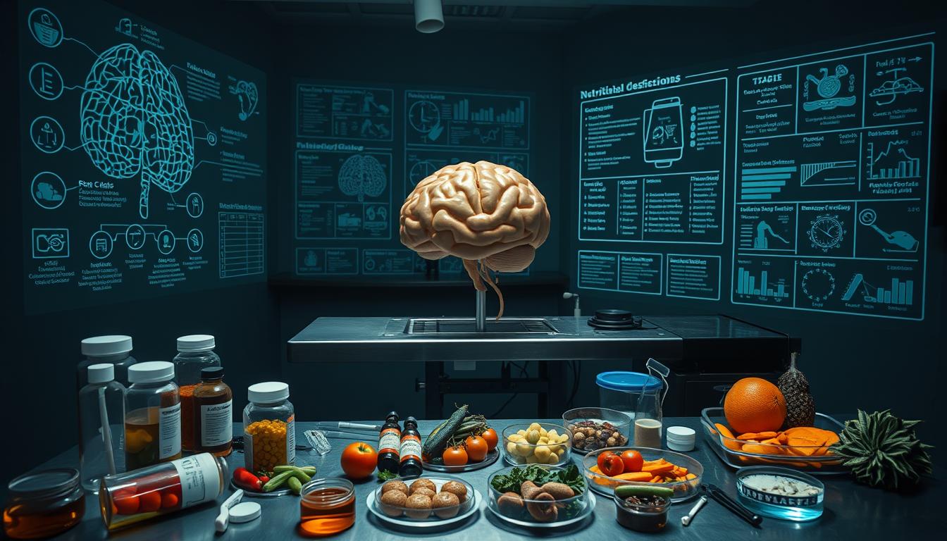 A dimly lit laboratory setting, with a human brain model prominently displayed on a steel examination table. Intricate diagrams and charts depicting the effects of various nutritional deficiencies on cognitive function are projected onto the walls, casting an eerie glow. In the foreground, a collection of vitamin supplements, medical instruments, and petri dishes filled with various foods are arranged in a disorderly fashion, suggesting an ongoing investigation. The atmosphere is one of scientific inquiry and concern, conveying the potential consequences of dietary imbalances on brain health.