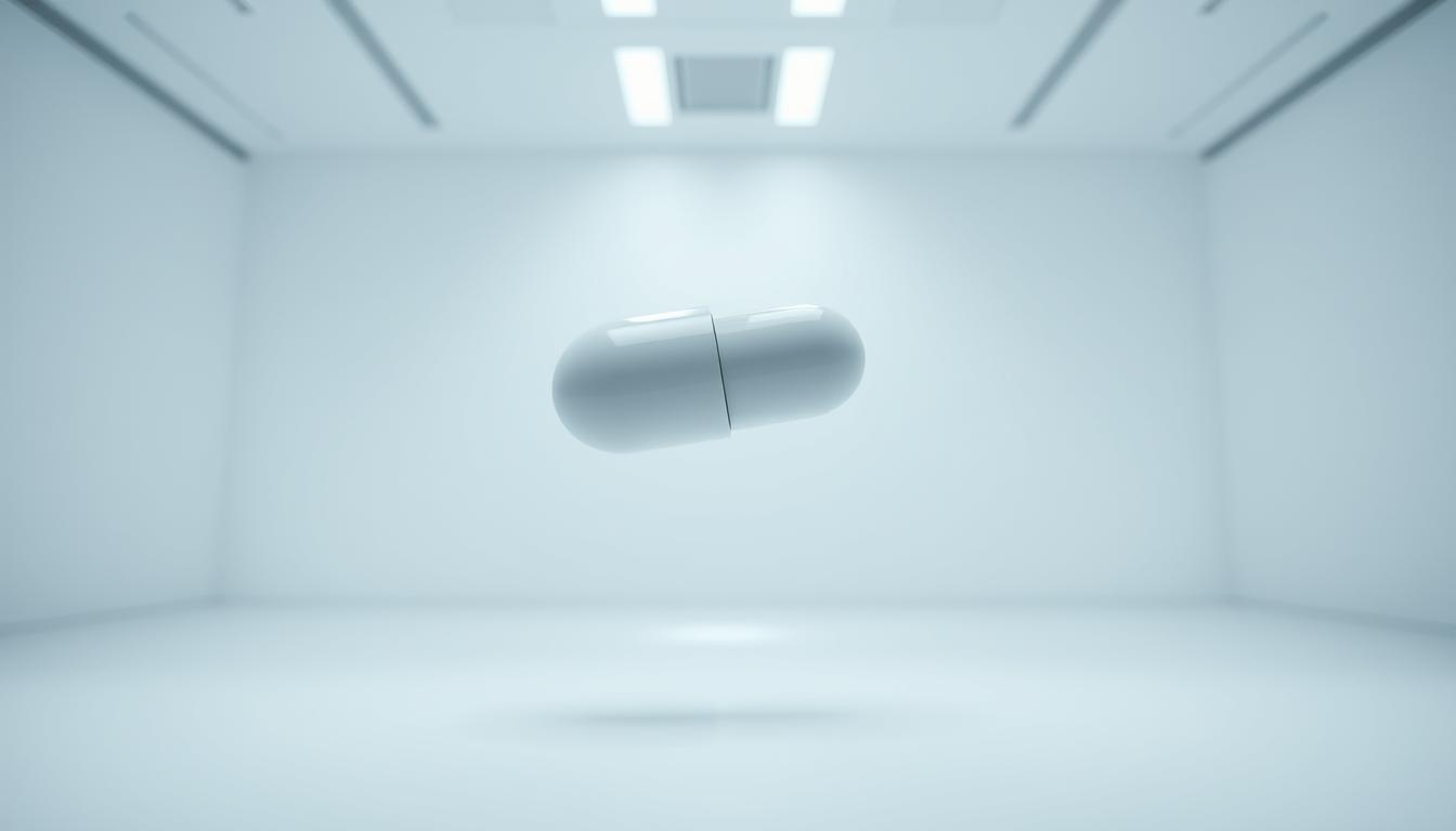 A minimalist medical device levitating in a well-lit, sterile laboratory setting. The device is a sleek, pill-shaped capsule with a smooth, seamless exterior, suggesting advanced technological design. The capsule emits a faint, holographic projection, hinting at its diagnostic capabilities. The background is a clinical, white environment with clean lines and subtle, ambient lighting, creating a sense of efficiency and innovation. The overall mood is one of sophisticated medical technology, offering a promising alternative to traditional endoscopic procedures.