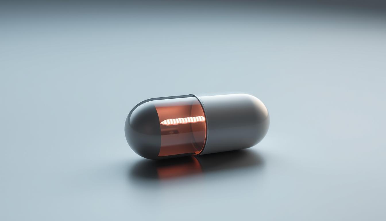 A close-up view of a futuristic medical device, resembling a capsule or pill, resting on a sleek, metallic surface. The device's exterior is smooth and seamless, with a subtle glow emanating from within, suggesting advanced technology. The lighting is soft and diffused, creating a sense of elegance and sophistication. The background is a minimalist, high-contrast environment, allowing the device to be the focal point, showcasing its innovative design as a potential alternative to traditional endoscopic procedures.