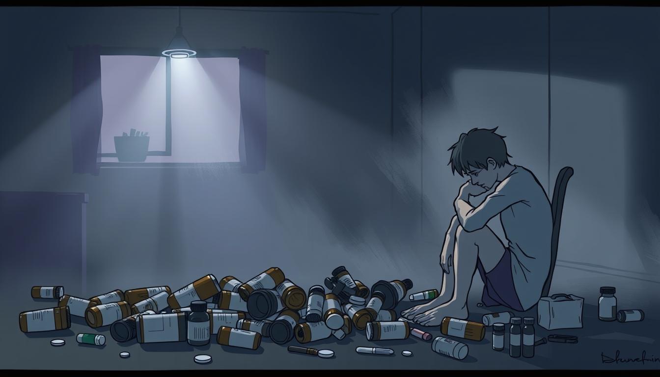 A dimly lit clinical setting with a patient grappling with the complexities of polysubstance dependence. In the foreground, a weary figure sits hunched, surrounded by a tangle of prescription bottles and illicit substances. The middle ground features a counselor, empathetic yet resolute, guiding the patient through the arduous journey of recovery. The background is hazy, evoking the psychological and emotional challenges inherent in this type of treatment. Soft, muted lighting casts shadows, symbolizing the struggle to overcome the darkness of addiction. The scene conveys the gravity and intricacy of treating multiple substance dependencies, a delicate balance of medical intervention and compassionate support.