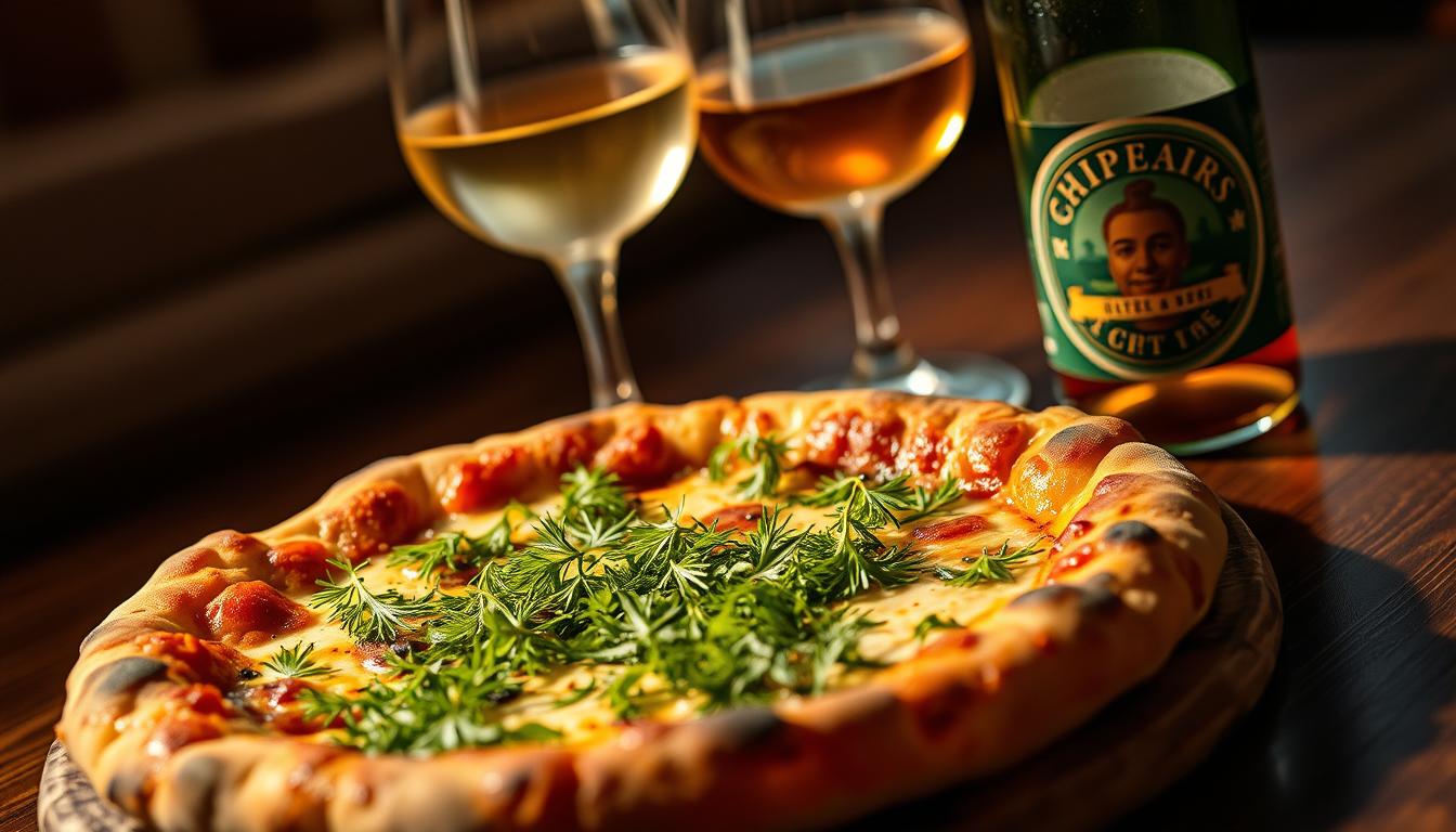 dill on pizza with wine and beer